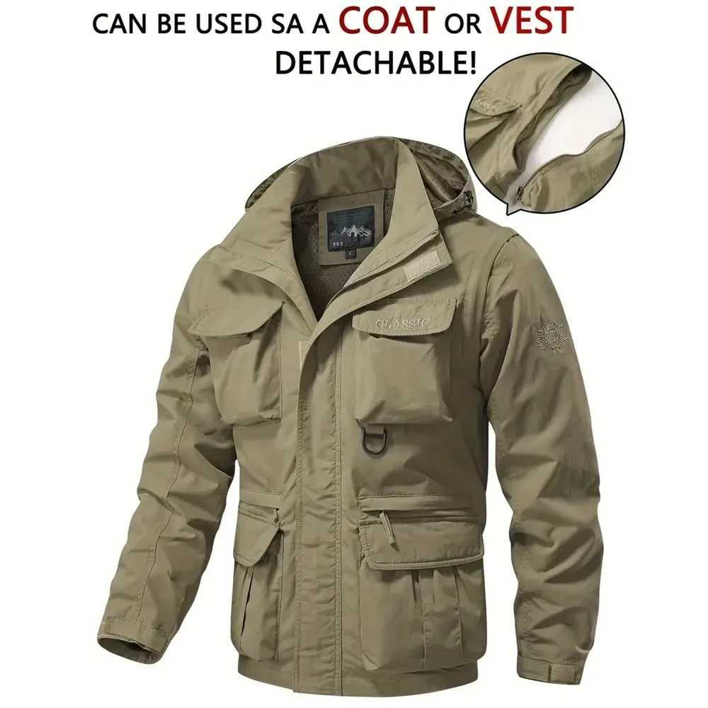 Detachable Windproof Sleeved Hooded Jacket Suitable for Outdoor Activities Mens Casual Waterproof Multi Pocket Jacket Vest W250711