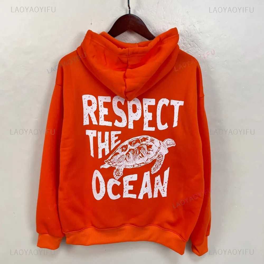 Respect The Ocean Hoodie - Ocean Surf Hoodie Carolina Blue Hoodie Words On Back Turtle Sweatshirt For Outdoor Enthusiasts Y250710