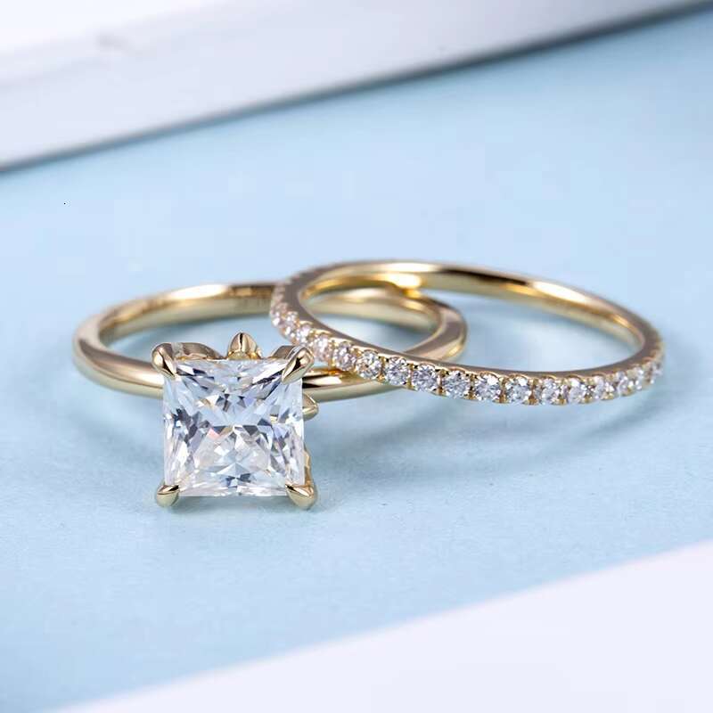 Messi Gems 18K Yellow Gold Square Cut EF 6.5X6.5mm Moissanite Ring Set for Wedding
