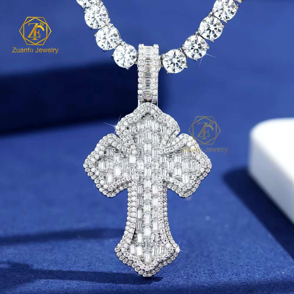 Custom Moissanite Cross Pendant White Gold Plated 925 Sterling Silver Baguette Diamonds Ice Out Hiphop Men Pendant