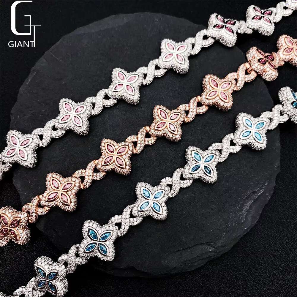 Luxury Colorful Marquise Flower Design 15mm Custom Iced Out Hip Hop Jewelry Cuban Link Chain 925 Silver VVS Moissanite Bracelet