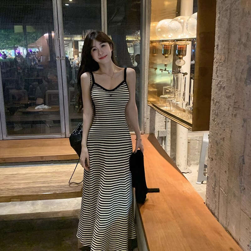 Summer New Pure Desire Style Hot Girl Black Striped Strap Slim Fit Elegant Long Dress For Women B5