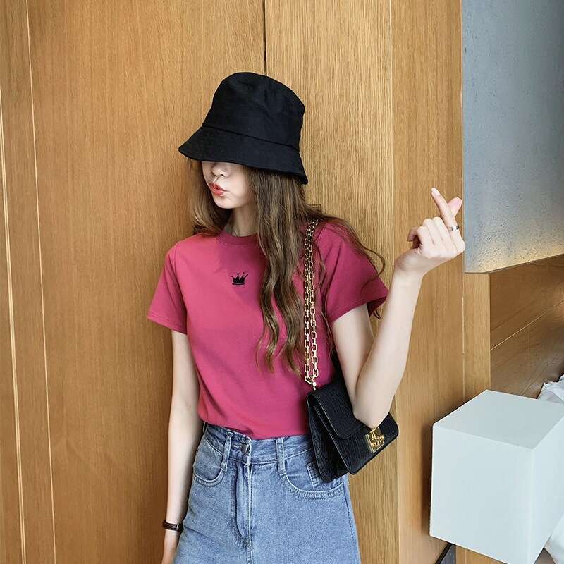 Summer New Slim Fit Embroidered Round Neck Short Sleeve T-Shirt For Women Students Ladies Base Shirt B5