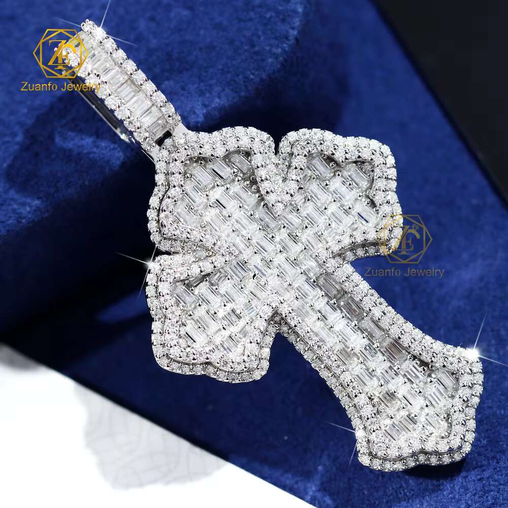 Custom Moissanite Cross Pendant White Gold Plated 925 Sterling Silver Baguette Diamonds Ice Out Hiphop Men Pendant