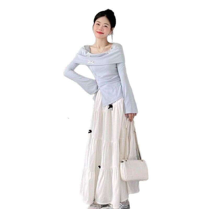 Sweet Desire Style Full Set Top Suit For Women Early Autumn Design Sense Hot Girl Long Sleeve T-Shirt High Waist Bowknot Half Skirt B5