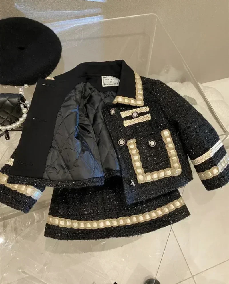 Girl 2 Piece Tweed Set Winter Suit Clothes for 1-10Years Childrens Cotton Padded Jacket CoatSkirt Kids Classic Outfits 250711