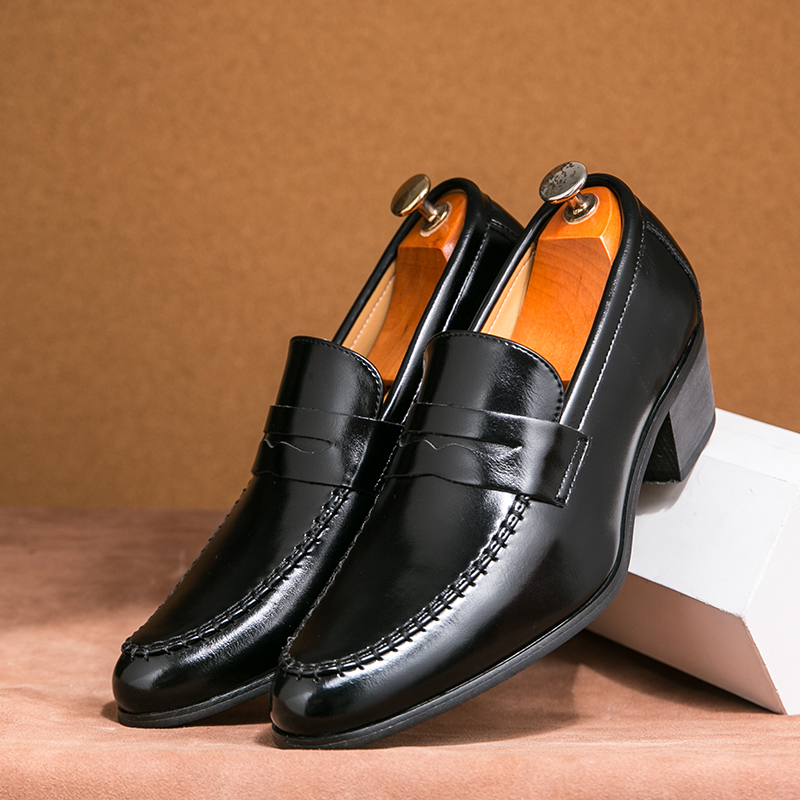 505- New Fashionable Retro Height Increasing Cuban Business Casual Shoes, European and American Pointed Leather Shoes, One Step Formal Men's Shoe