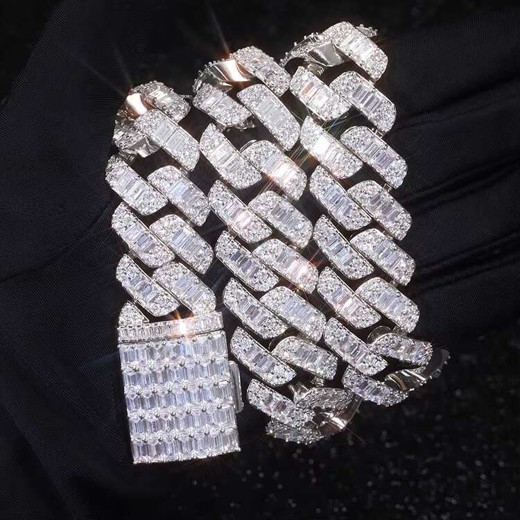 Heavy Silver 18k Gold Plated Luxury Necklace Baguette Diamond VVS Moissanite Cuban Link Chain