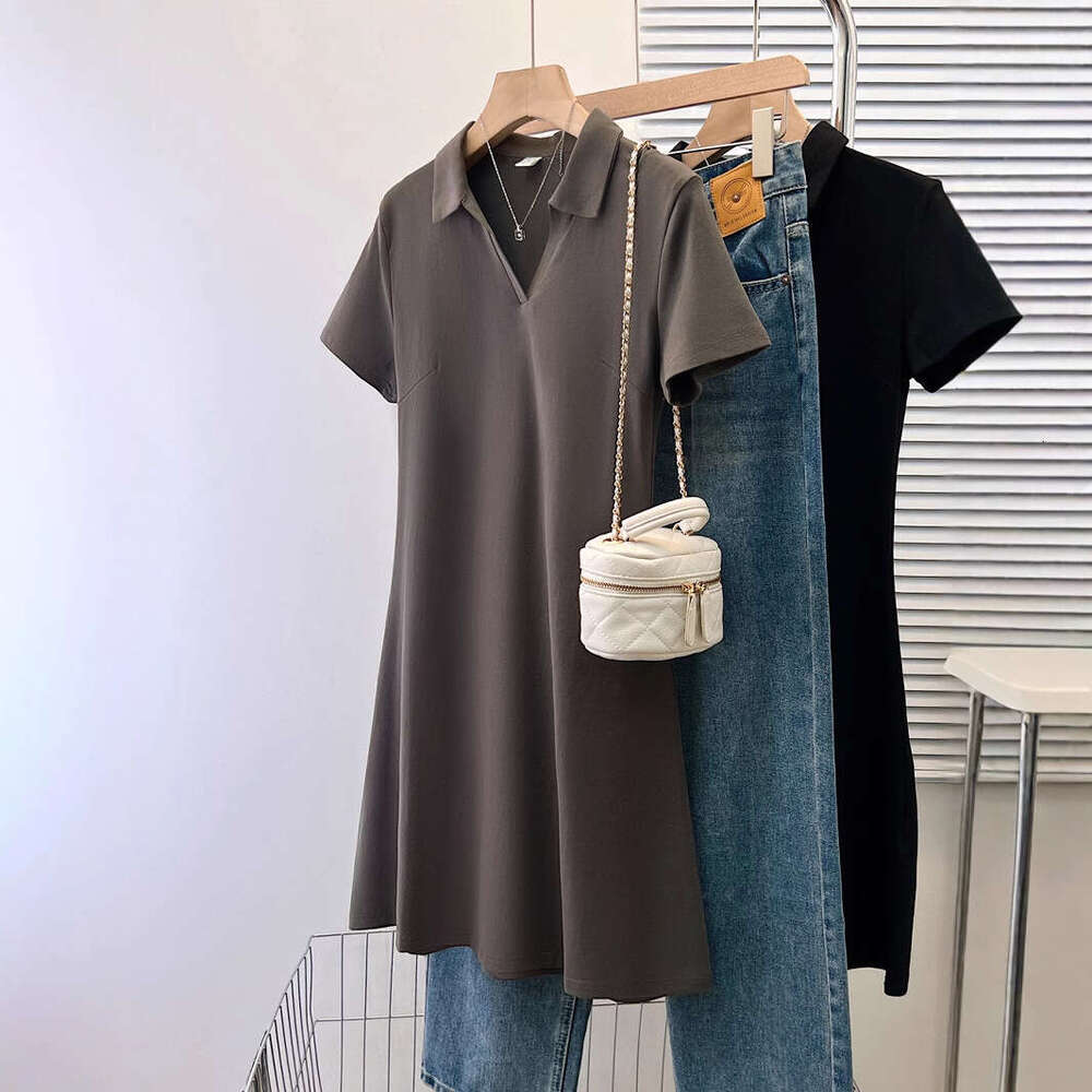 Sweet Spicy Girl Pure Desire Style Short Sleeve For Women Summer Korean Version Versatile Slim Fit Half Open Polo Collar Mid-Length Dress B5