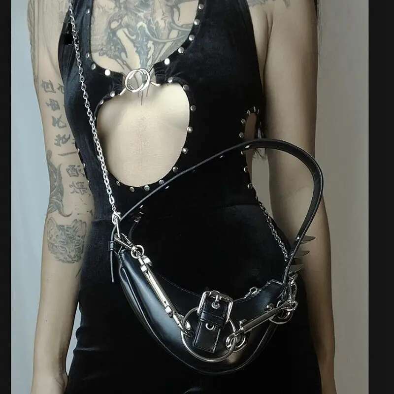 Gothic Lolita JK Haruku Womens Girls Punk One Shoulder Handbag Y2k Rock Japanese Rivet Crossbody Moon Underarm Bag Tote
