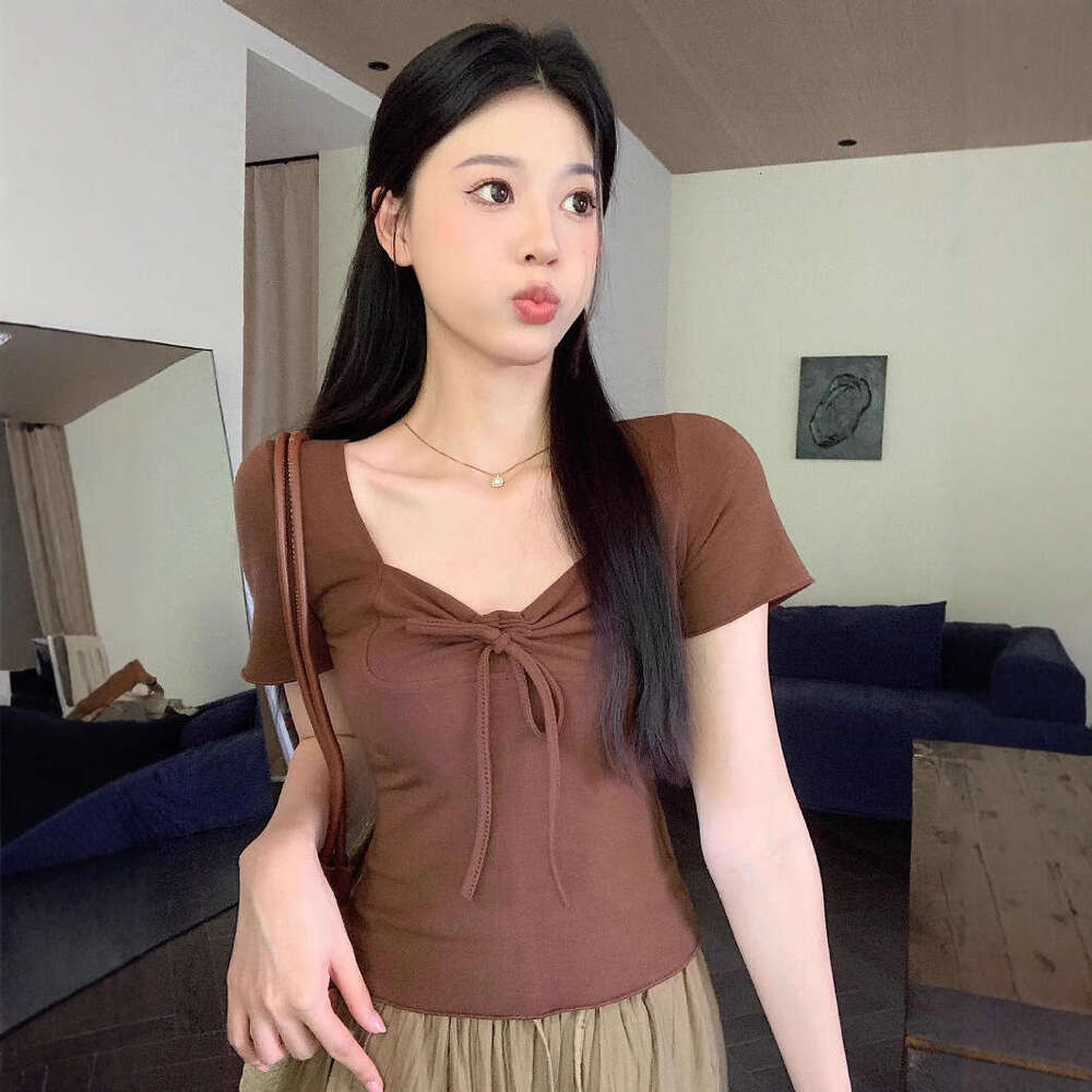 Pink Square Neck Regular Shoulder Sleeve T-Shirt For Women Summer New French Style Slim Fit Tie-Up Petite Short Top B5