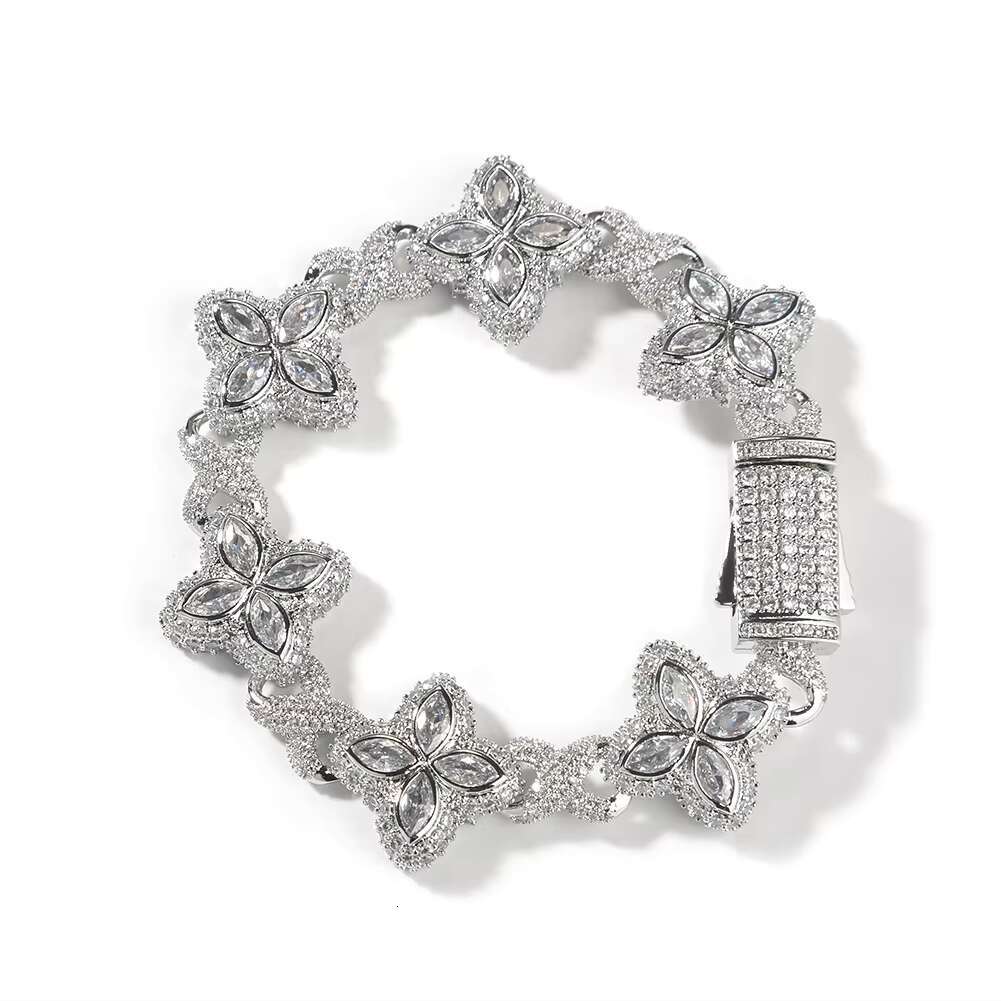 Fashion Hip Hop Jewelry 20mm Rose Gold Brass AAAAAMoissanite Colored Diamond Four Leaf Clover Infinity Link Bracelet