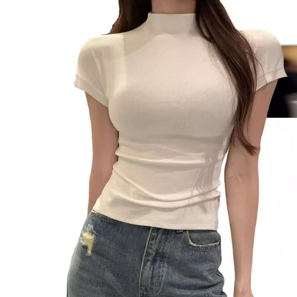 Pure Desire Style Half High Collar Short Sleeve T-Shirt For Women Summer Slim Fit Base Shirt Inner Wear Student Top Ins Trend B5