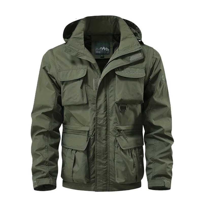 Detachable Sleeve Work Jacket Men Spring Autumn Casual Multi Pocket Hood Windbreaker Coat Outdoor Hiking Jacket Climbing Clothes W250711
