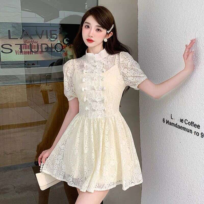 Stand Collar Button Puff Sleeve Lace For Women Summer Sexy Hollow Waist A-Line Base Short Dress B5