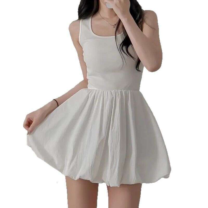 French Style White Strap For Women, Summer Chic Slimming Floral Short Dress, Sweet Waist-Cinching Puffy Dress B5
