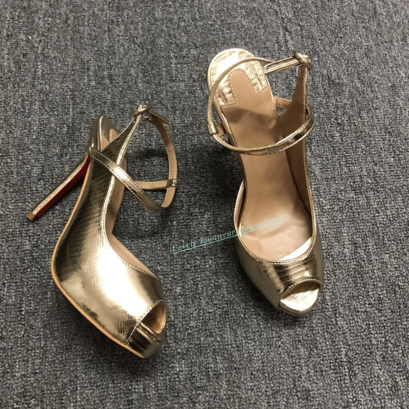 Lovely Gold Leather Woman Stiletto Heel Sandal Shoes Peep Toe Buckle Ankle Strap Female Thin High Summer 250703