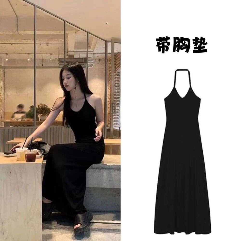 Hot Girl Gray Halter Neck Backless New Summer Waist-Cinching A-Line With Chest Pad Strap Long Dress B5