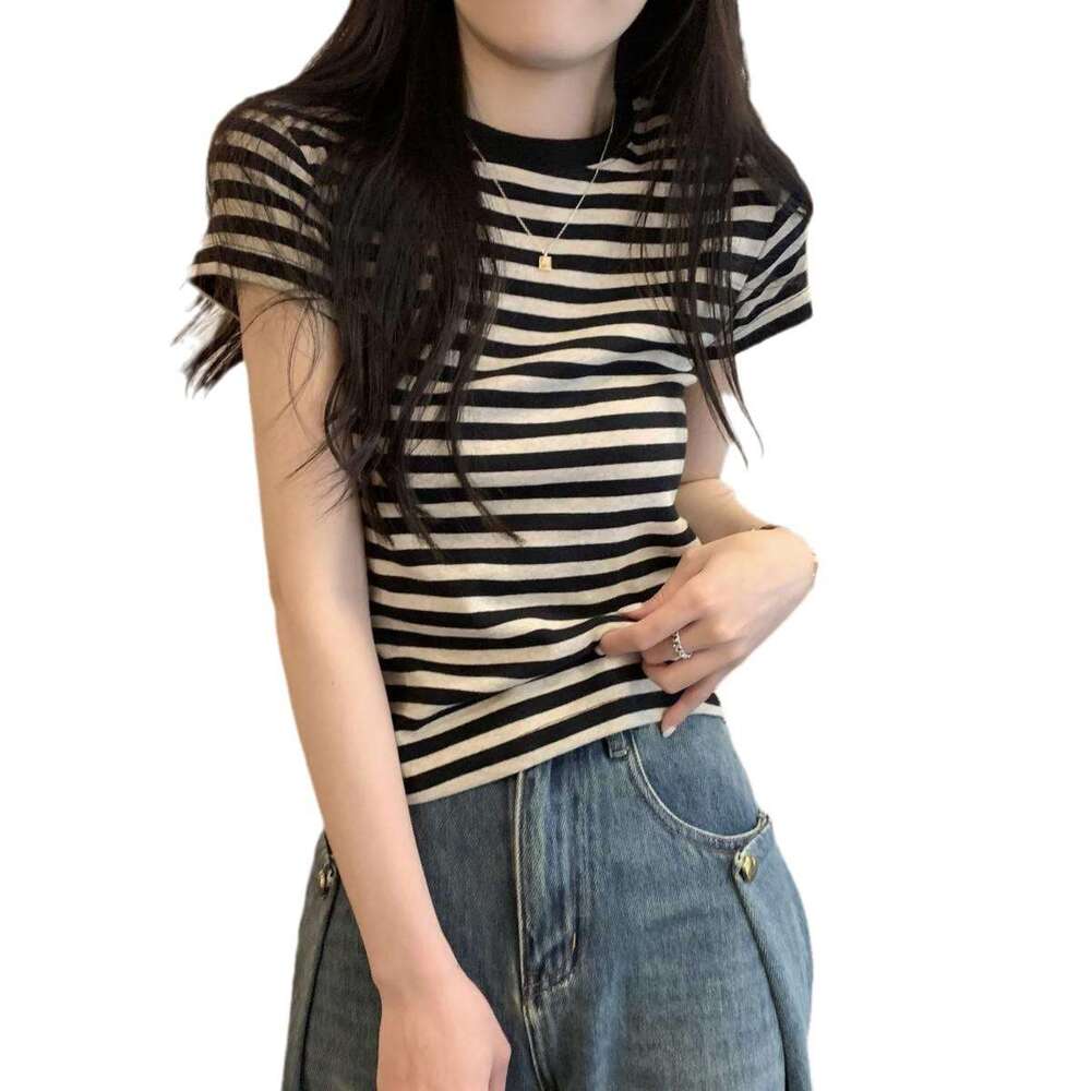 Striped Base Shirt Summer New Design Short Sleeve T-Shirt Women's American Style Student Slim Fit Top B5