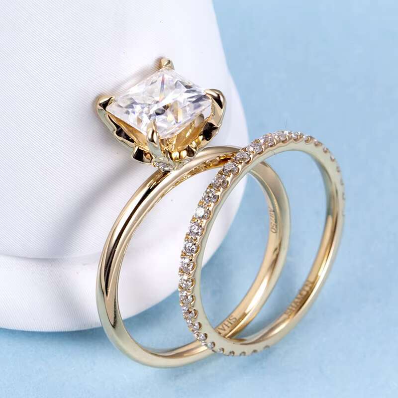 Messi Gems 18K Yellow Gold Square Cut EF 6.5X6.5mm Moissanite Ring Set for Wedding