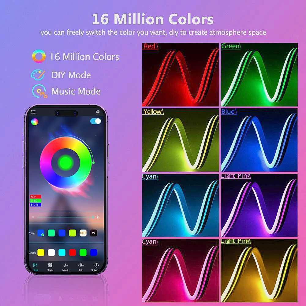 5M Silicone Neon LED Strip 24V Bluetooth RGB Music Sync IP67 Waterproof 72LEDs/M Rope Light for Home Party DecorXJ250710