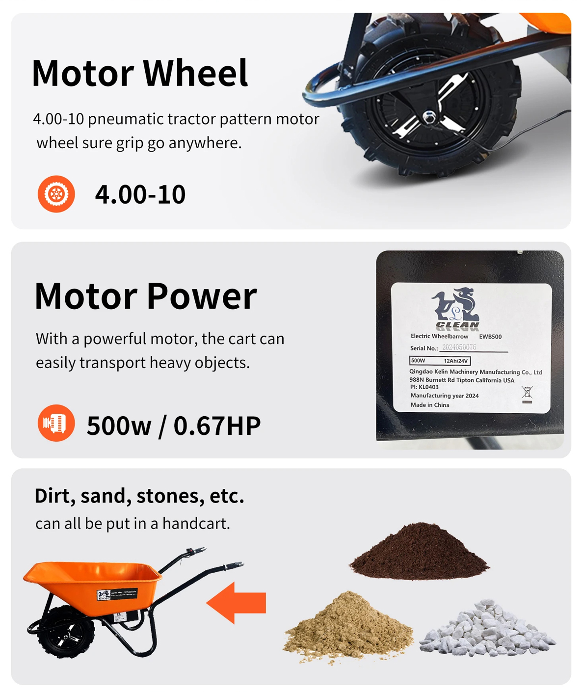 330 lbs Electric Battery Powered Wheelbarrow Dump Cart Handcart Wheel Up to 8 Hours Running Chargeable Battery