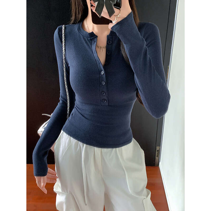 Spicy Girl Slim Fit Off-Shoulder Long Sleeve T-Shirt For Women New Spring Autumn Base Shirt Slimming Inner Wear Button Student Top B5