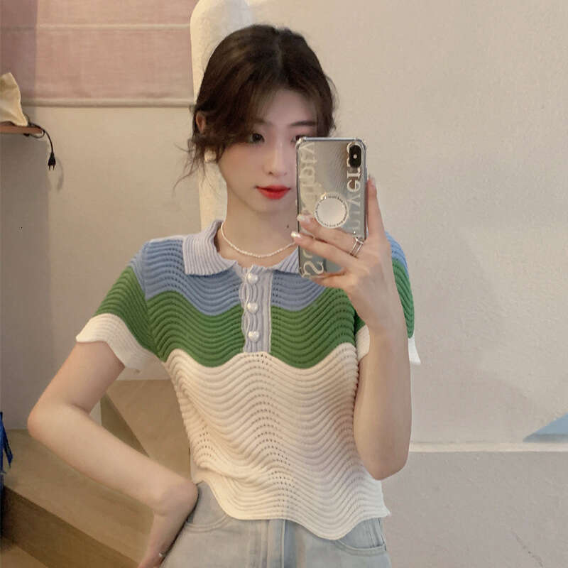Gentle Style Polo Collar Sleeve T-Shirt For Women, French Niche Wave Pattern Short Chic Knitted Top B5