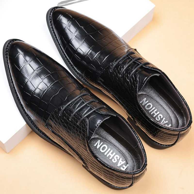 Crocodile Skin Luxury Brand Mens Leather Shoes Lace Pointy Derby Oxford Print Casual Mens Dress Shoes Wedding Party ShoesXJ250710