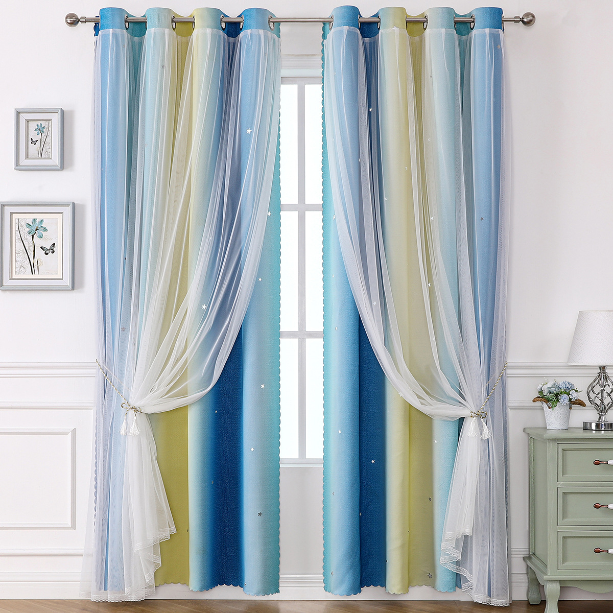 YL-36516 Morandi double curtain rainbow gradient stripe finished cloth yarn integrated blackout curtain