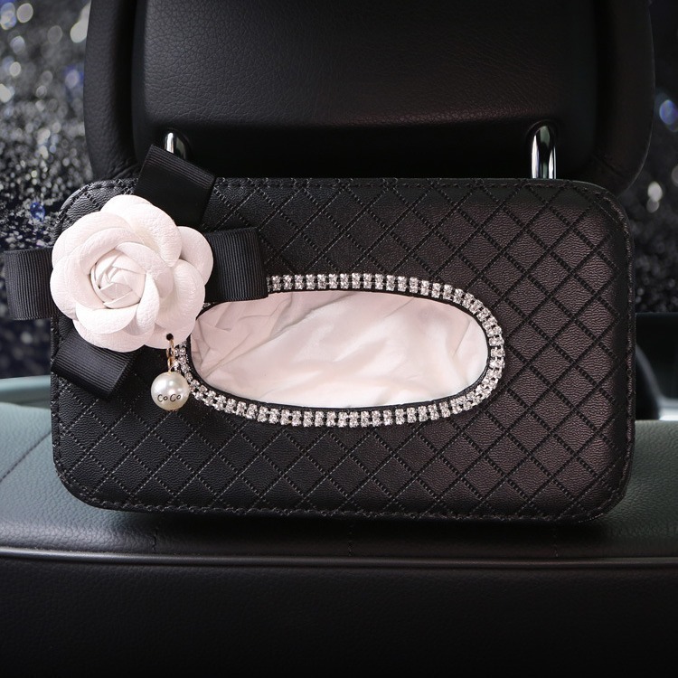 High Quality Leather Pearl Flower Car Tissue Box For Armrest Paper Holder Hanging for Auto Back Seat Headrest Organizer Storage 250711