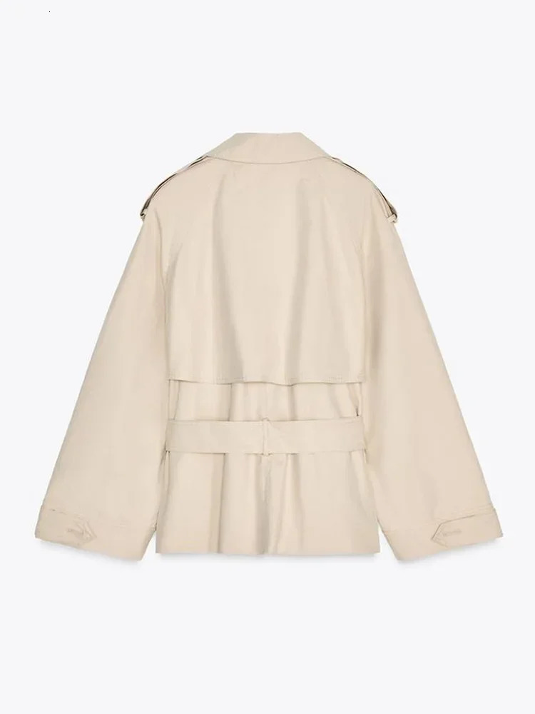 Womens Casual Cropped Trench Coat Lace-Up Lapel Full Sleeve Loose Jacket High Street Fashion Outwear for Ladies 2025 Autumn 250708