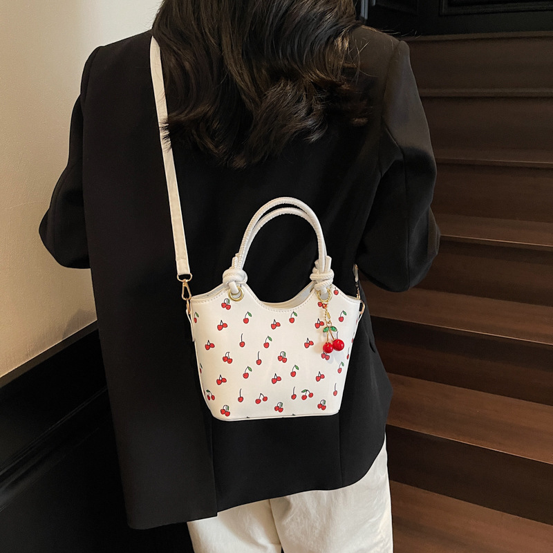 Vintage Shoulder Bag, Small 20-30 cm Barrel Clutch Purse with Single Strap, White and Red Cherry Print, Soft PU Material, Sequin Embellishments, Zippe - view 4