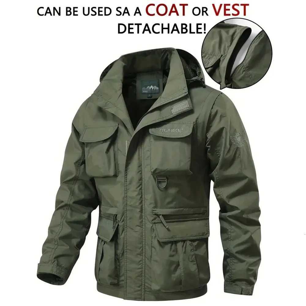 Detachable Windproof Sleeved Hooded Jacket Suitable for Outdoor Activities Mens Casual Waterproof Multi Pocket Jacket Vest W250711