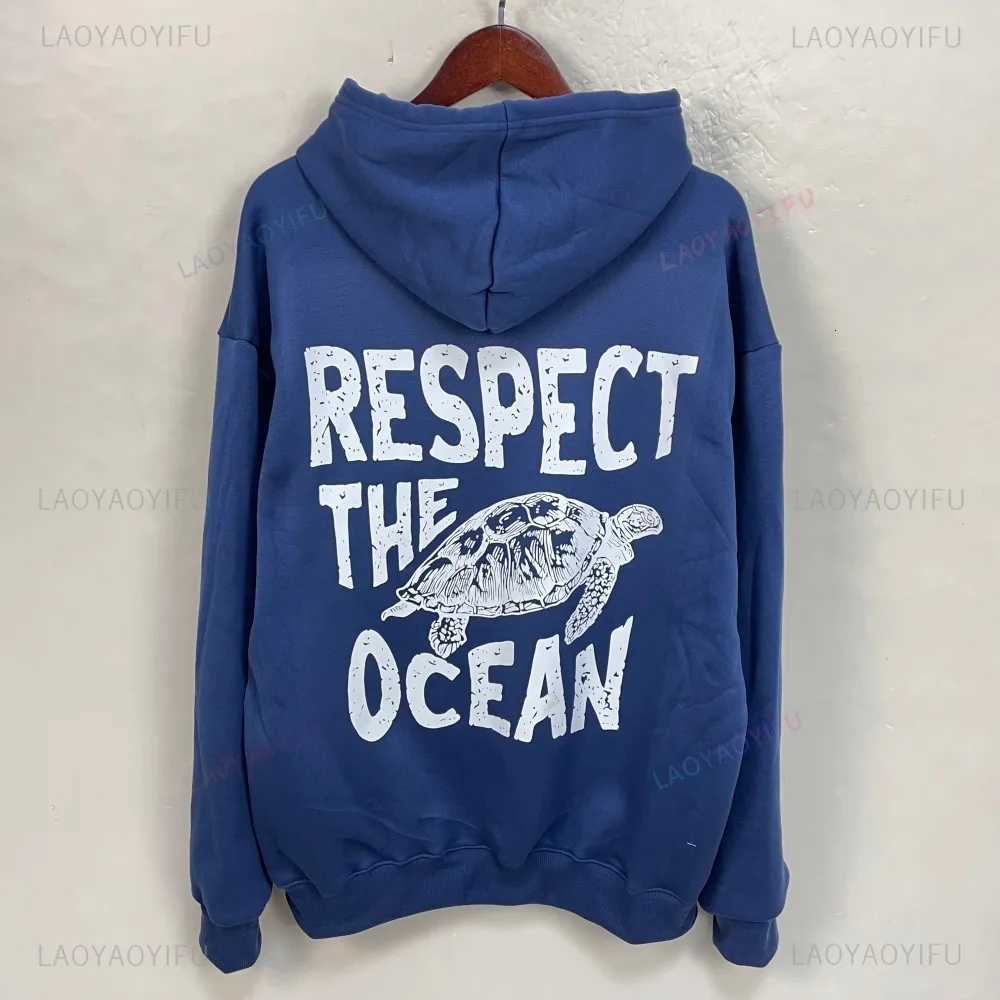 Respect The Ocean Hoodie - Ocean Surf Hoodie Carolina Blue Hoodie Words On Back Turtle Sweatshirt For Outdoor Enthusiasts Y250710