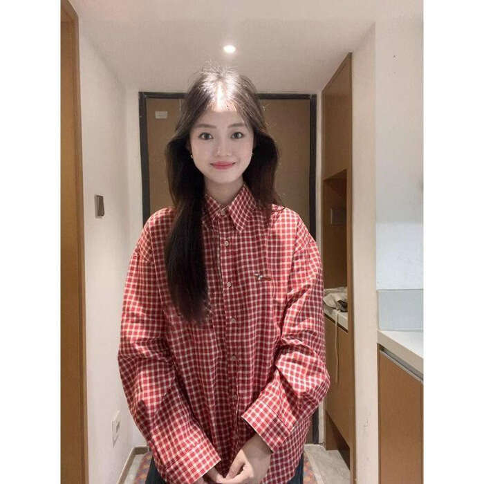 Red Plaid Long Sleeve Top For Women Spring Autumn New French Style Lazy Loose Casual Shirt Jacket B5