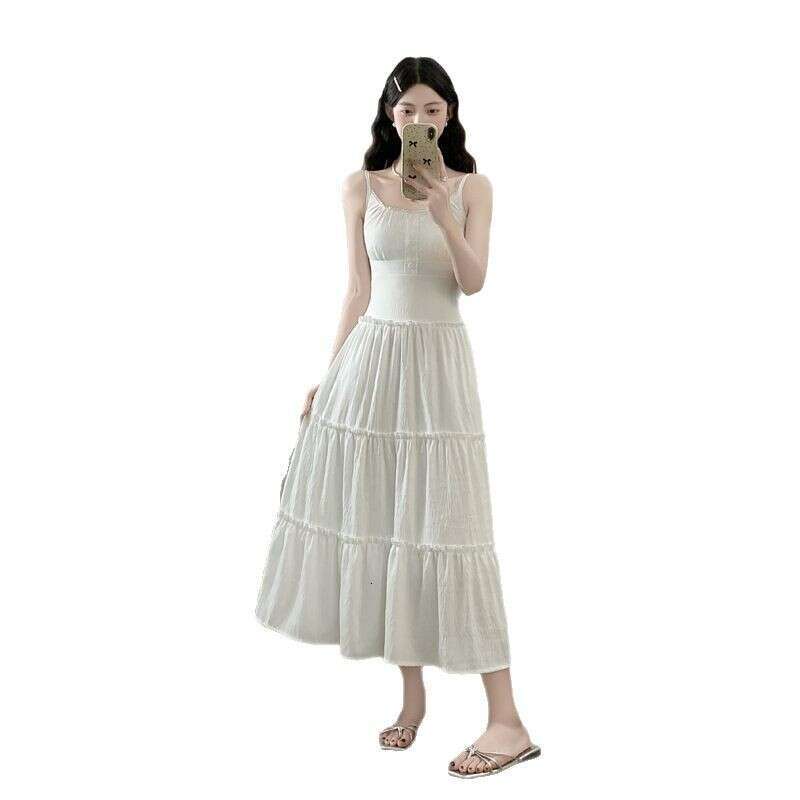Gentle Style White Strap For Women Summer New High-End Elegant Versatile Waist-Slimming Long Dress B5