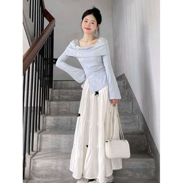 Sweet Desire Style Full Set Top Suit For Women Early Autumn Design Sense Hot Girl Long Sleeve T-Shirt High Waist Bowknot Half Skirt B5