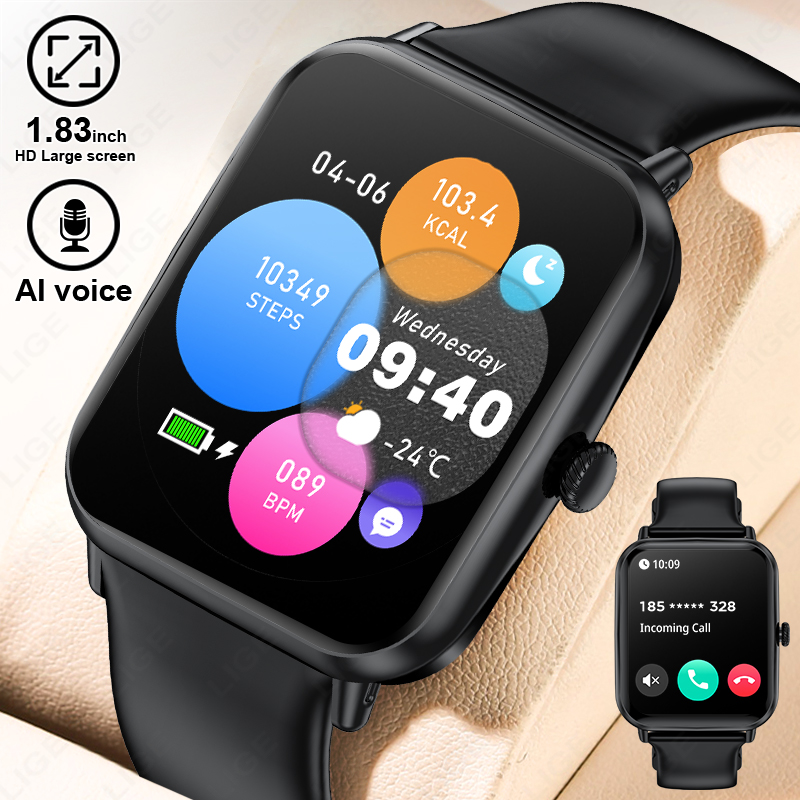 LIGE smartwatch features wireless call, music control, heart rate and blood pressure monitoring, health monitoring, multiple sports modes, and is IP67