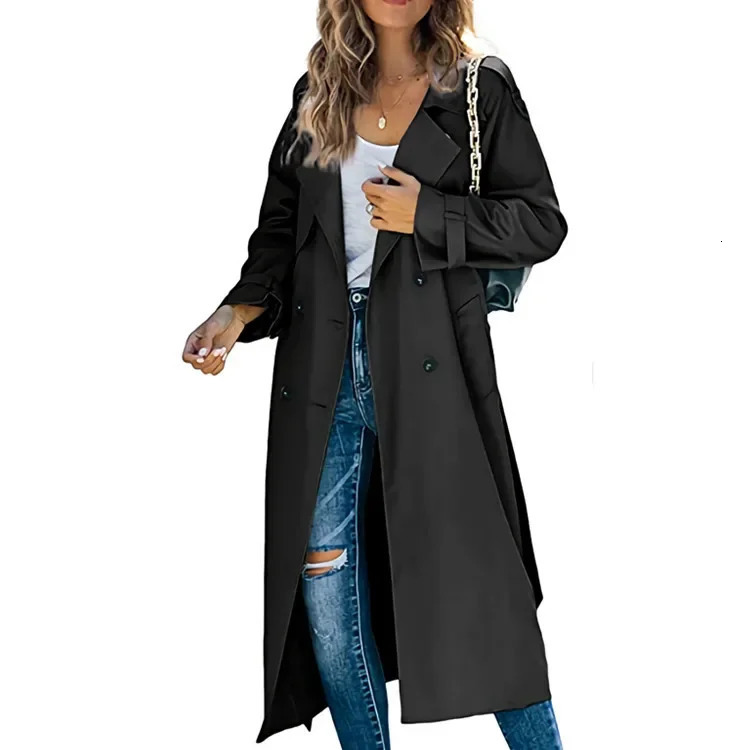Trench Women Coats Mid Length Coat Turn Down Collar Full Sleeve Double Breasted Elegant Splice Lace Up Jackets Autumn 250709