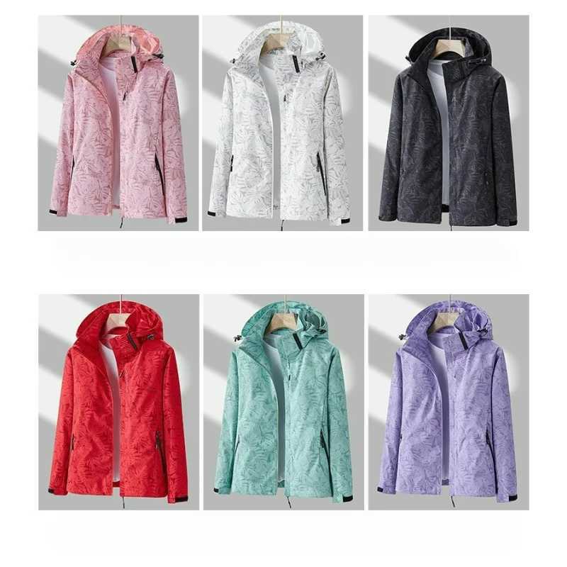 2025 Womens Casual Waterproof Windproof Jacket Full Zipper Hooded Jacket Outdoor Hiking Jacket for Spring and Autumn Plus Size W250711