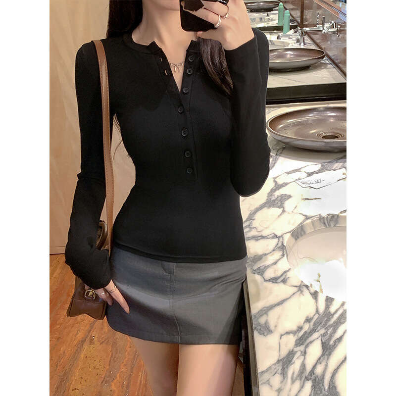 Spicy Girl Slim Fit Off-Shoulder Long Sleeve T-Shirt For Women New Spring Autumn Base Shirt Slimming Inner Wear Button Student Top B5