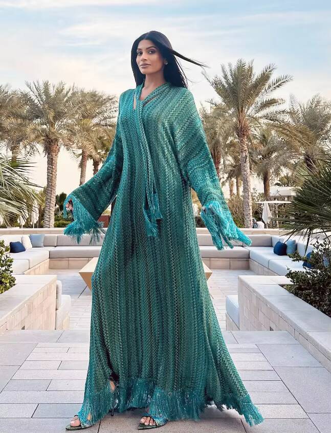 Stripe Loose Women Dresses Tassel With Scarf V neck Female Maxi Dress 2025 Summer Fashion Party Full Sleeve Lady Green Vestidos dongdumaoyi