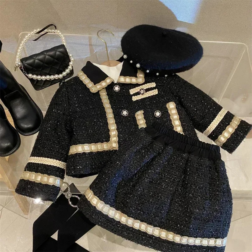 Girl 2 Piece Tweed Set Winter Suit Clothes for 1-10Years Childrens Cotton Padded Jacket CoatSkirt Kids Classic Outfits 250711