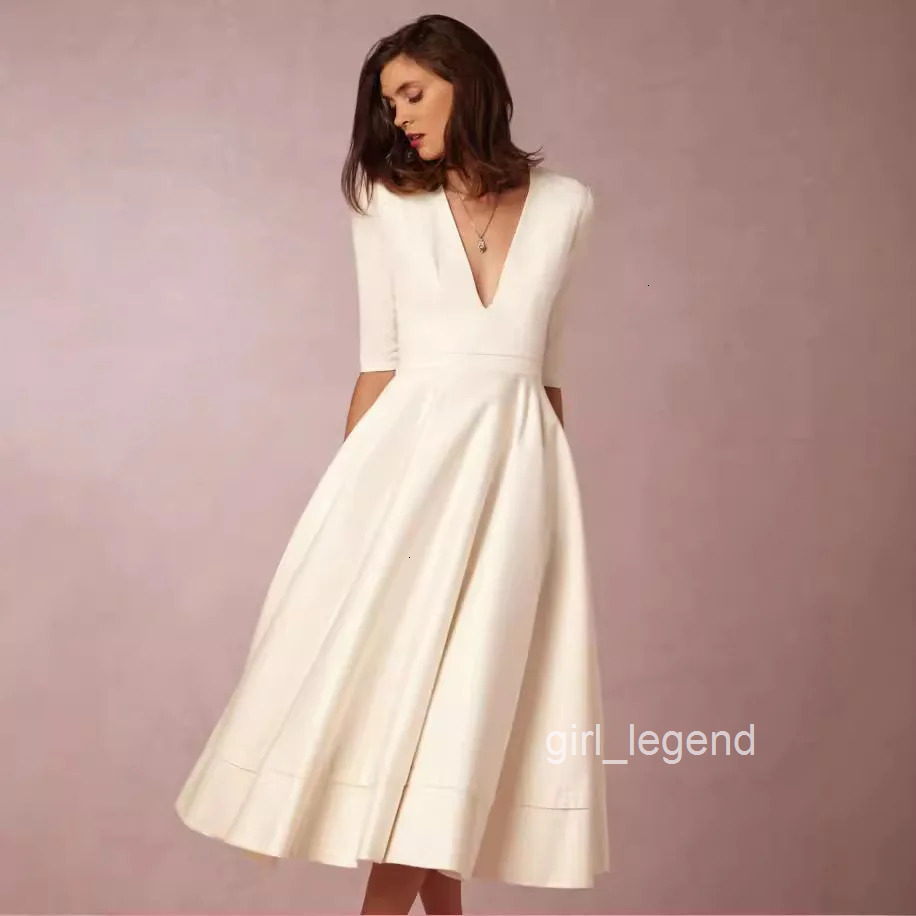 Womens Autumn Elegant Solid Midi Dress Deep V Nedk Half Sleeve Aline Khaki Blue Party Evening Abito Donna