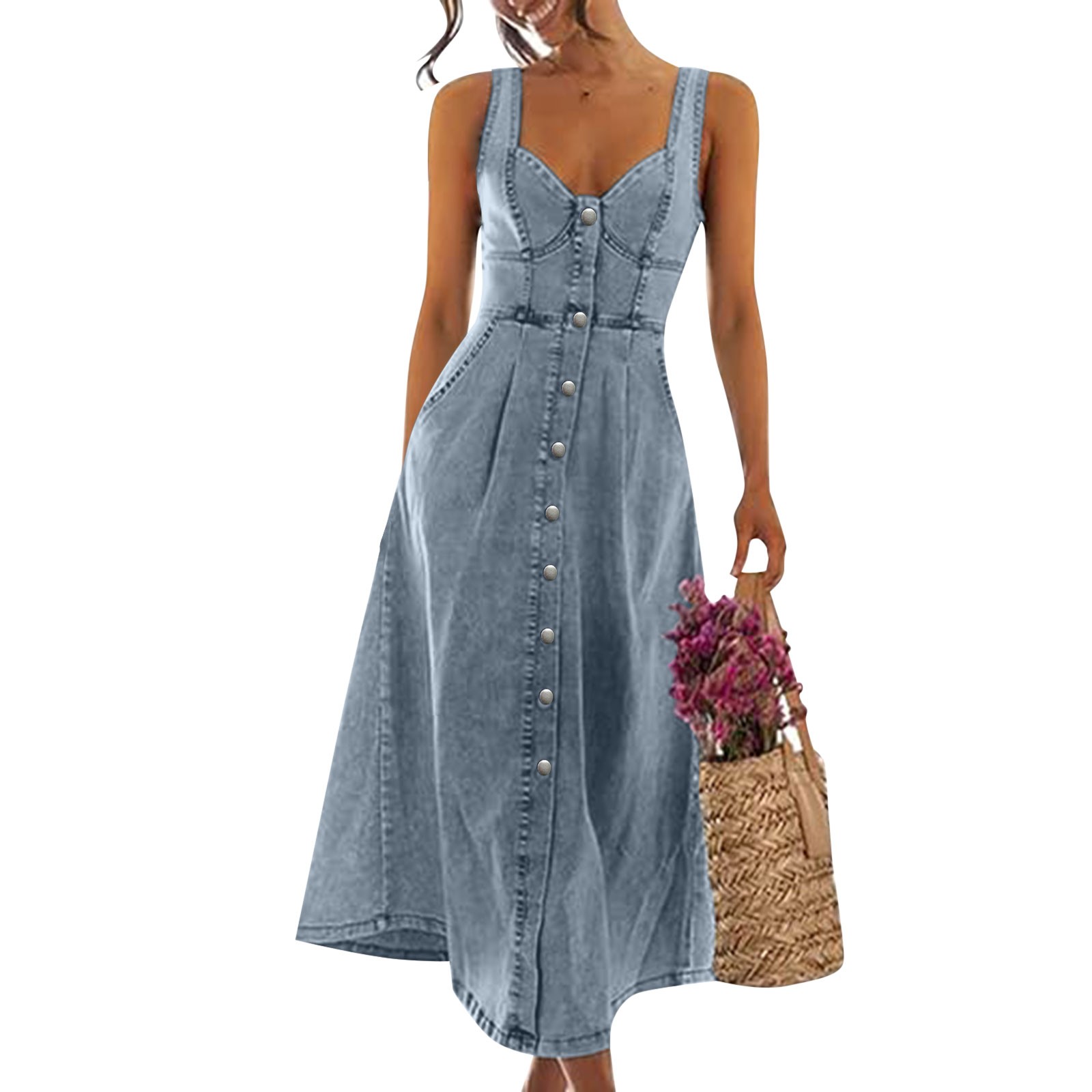 2025 Jeans Dress Women'S Vintage Denim Dresses Sexy Sleeveless Button Designswing Big Hem Vestidos Women Plus Size Clothes
