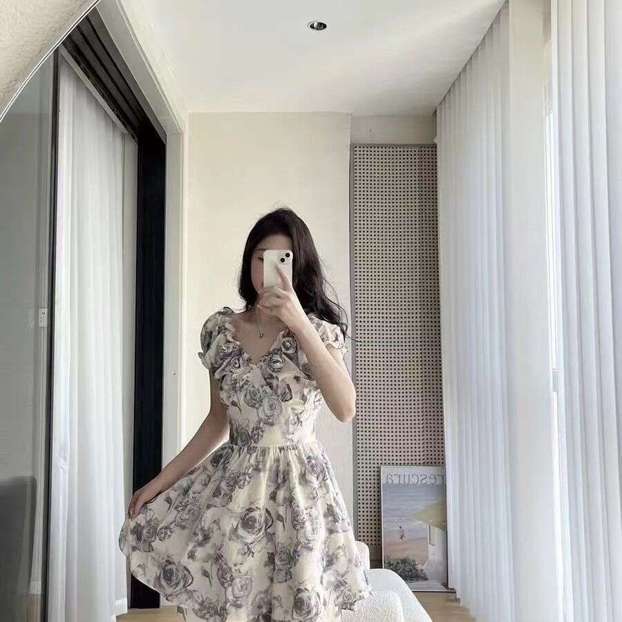Ink Wash Rose 3D Flower Puffy Skirt Women Summer New French Style Petite Waist-Cinching Elegant Dress B5