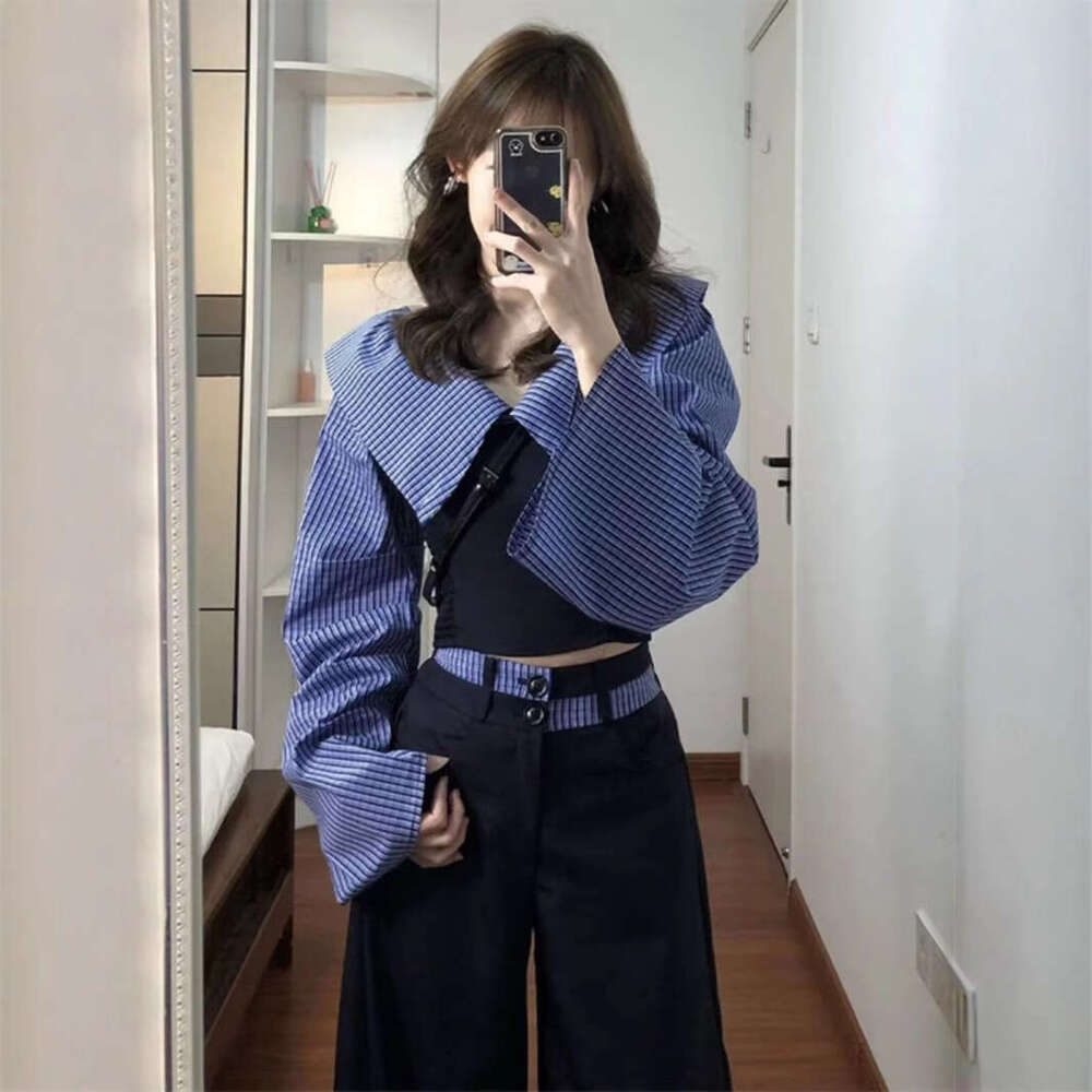 Color-Block Off-Shoulder Striped Patchwork Long Sleeve Shirt Women Spring Autumn College Style Casual Wide-Leg Pants Two-Piece Set B5