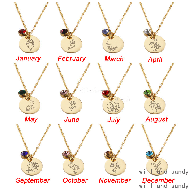 18k Gold Birthday Necklace 12 Months Flower Patter Diamond Cubic Zirconia Birthstone Necklace Penant Gold Chain Woman Girls Birthday Gift Designer Jew