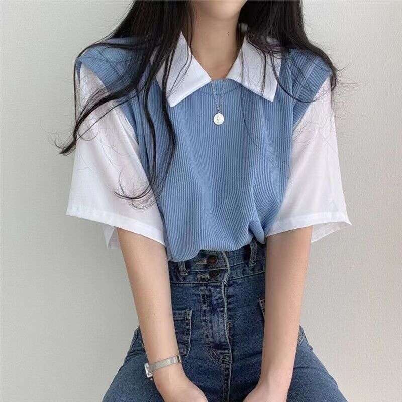 Summer Polo Collar Fake Two-Piece College Style Color-Block Short Sleeve T-Shirt For Women Loose Casual Versatile Top Ins B5